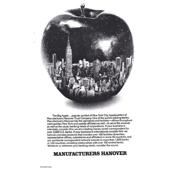 New York City The Big Apple Manufacturers Hanover 1980s Vintage Print Ad 9 inch - Picture 1 of 4